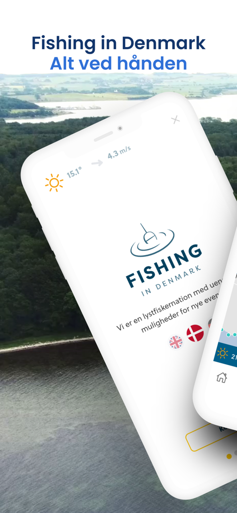 Schermata del telefono cellulare che mostra il logo dell'app Fishing in Denmark e i dati meteorologici su un paesaggio costiero
