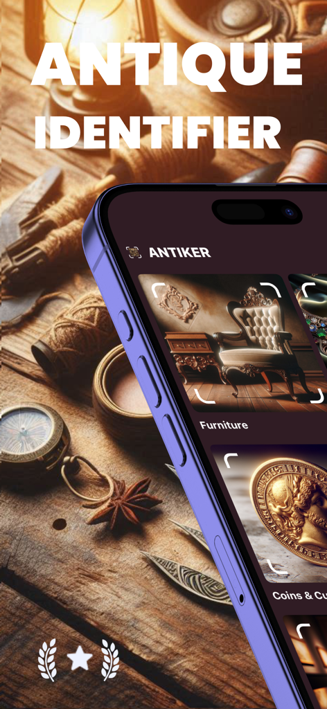 Smartphone displaying the Antique Identifier app with categories for furniture and coins over a background of vintage tools.