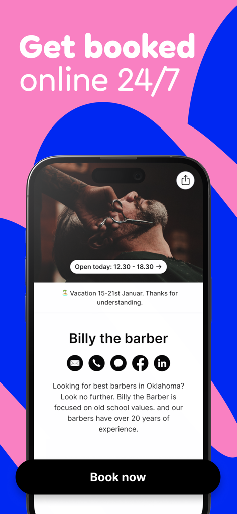 A mobile screen showing a professional barber's online booking page with a 24/7 scheduling feature.