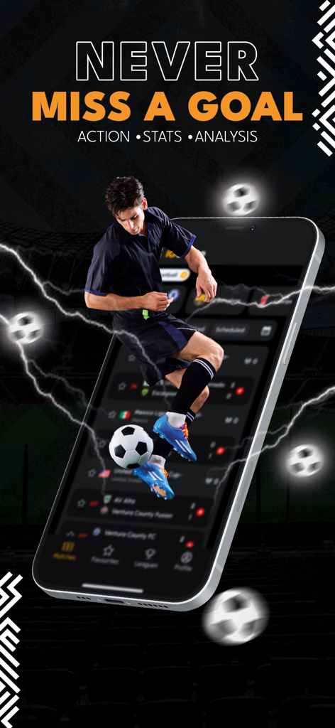 IGScore - Live Sports Score - A mobile phone displaying the IGScore app with a soccer player jumping out of the screen and the text Never Miss A Goal.