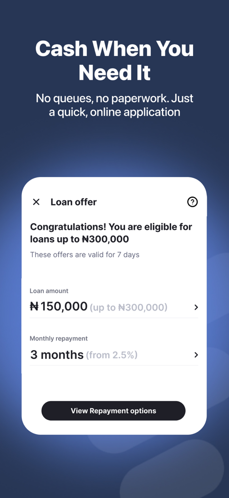 Mobile app interface of FairMoney showing a loan eligibility offer of up to 300,000 Naira with 3 month repayment terms.