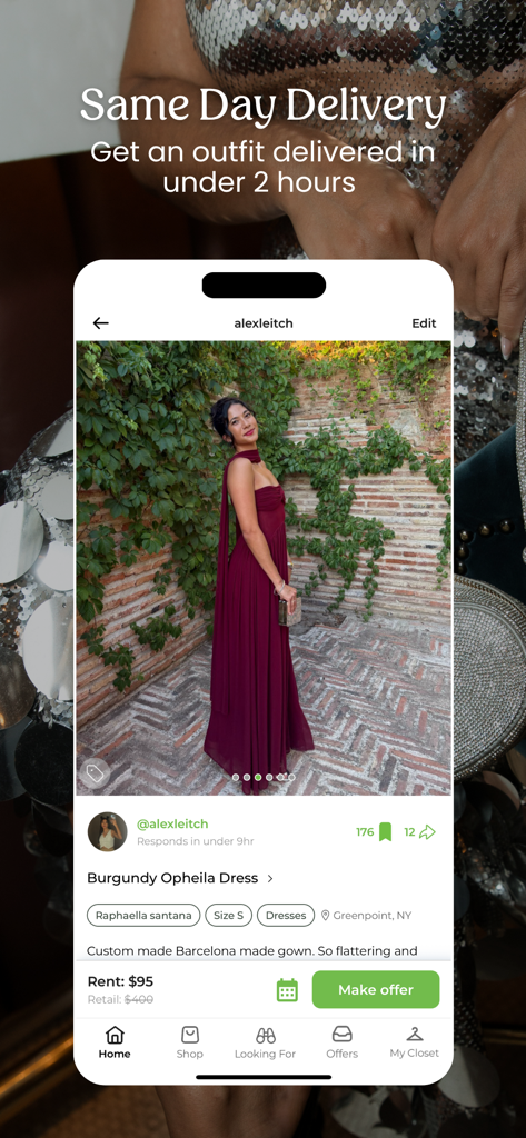 Pickle | Rent & Lend Fashion - Interfaccia dell'app Pickle che evidenzia la consegna in giornata per un abito bordeaux a noleggio.