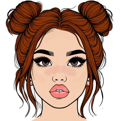 realistic girl with two buns on her hair and lips
