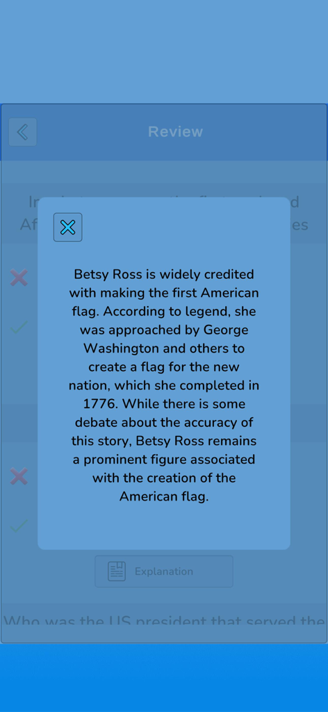Fait historique sur Betsy Ross affiché sur l'écran de révision de l'application Quiz de connaissances sur les États-Unis