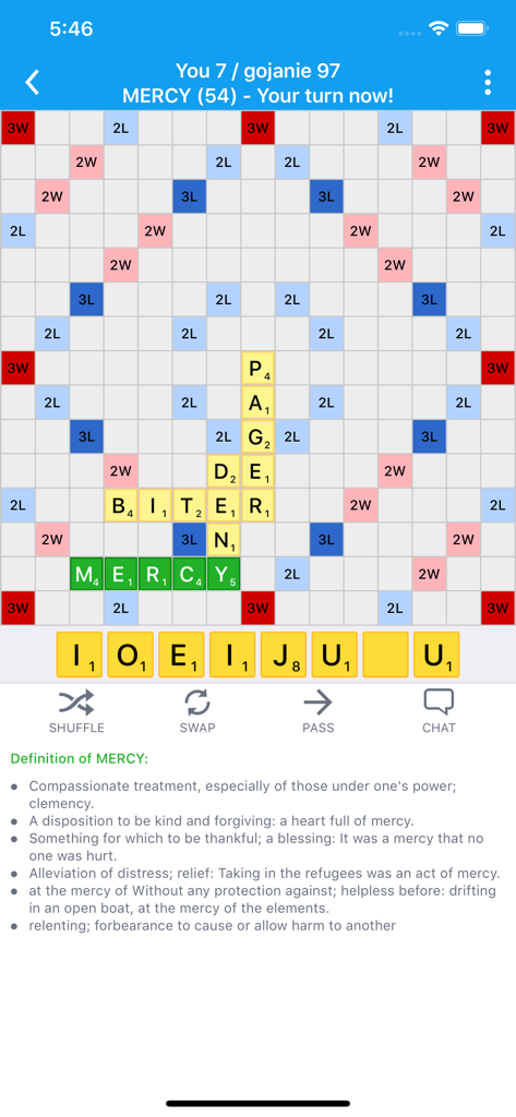 Lexulous Word Game - Gameplay screen of Lexulous word game showing a crossword board and the dictionary definition of the word mercy.