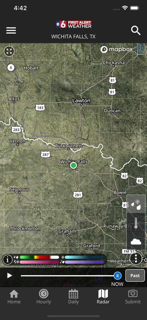 First Alert 6 Weather - First Alert 6 Weather app radar map showing Wichita Falls Texas and Lawton Oklahoma region