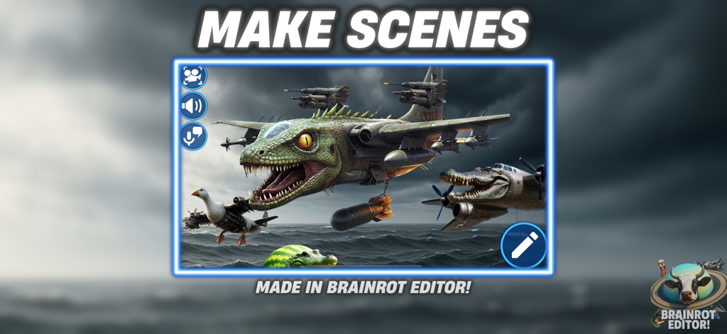 Brainrot Editor! - A surreal meme scene featuring a dragon-headed airplane and crocodile planes created in Brainrot Editor
