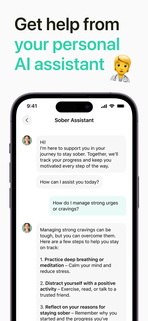 Ein Smartphone-Bildschirm, der den KI-Assistenten der Clean Day App anzeigt, der Ratschläge zur Bewältigung von Nüchternheitsverlangen gibt