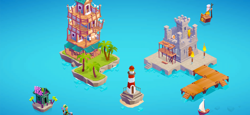 Vue isométrique d'îles et de structures colorées dans le jeu éducatif Archipel