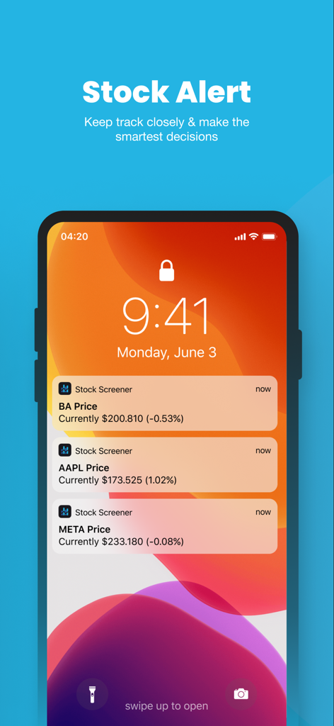Tela de bloqueio do iPhone exibindo notificações de preço de ações em tempo real para Boeing, Apple e Meta