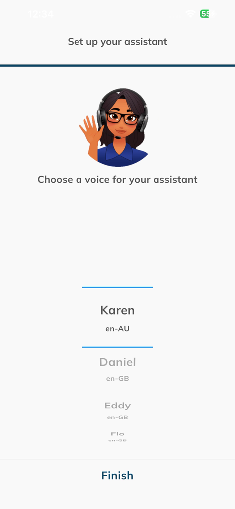 MAIA Bot app screen for setting up and selecting a voice for the AI assistant.