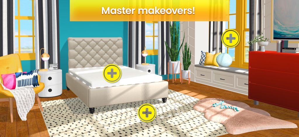 A colorful bedroom interior in Property Brothers Home Design showing interactive icons for customizing a bed and rug.