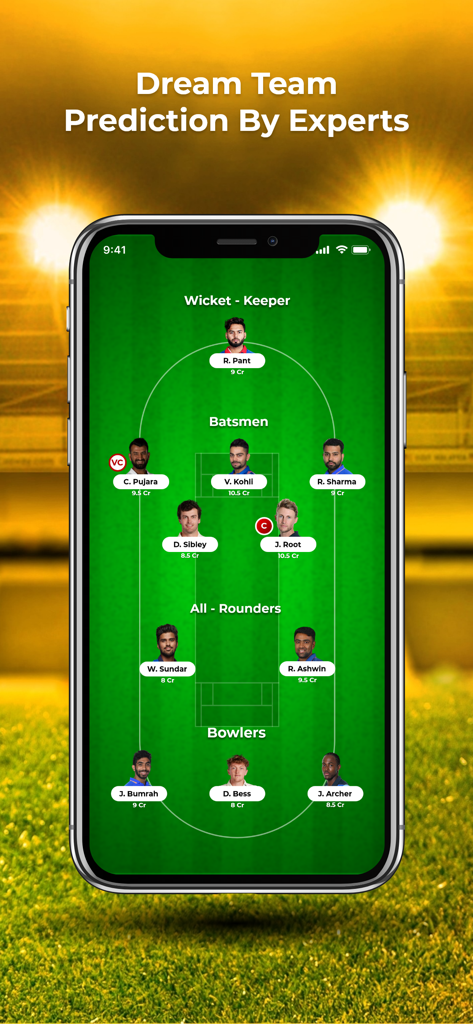 Pantalla móvil que muestra una alineación de equipo de cricket de fantasía con pronósticos de expertos para capitanes y jugadores.