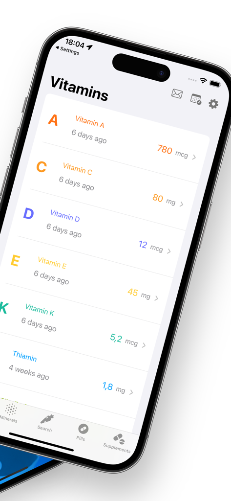 Vitamin: Track, Log & Schedule - Tela do iPhone mostrando uma lista de vitaminas rastreadas, incluindo Vitamina A, C e D com informações de dosagem.