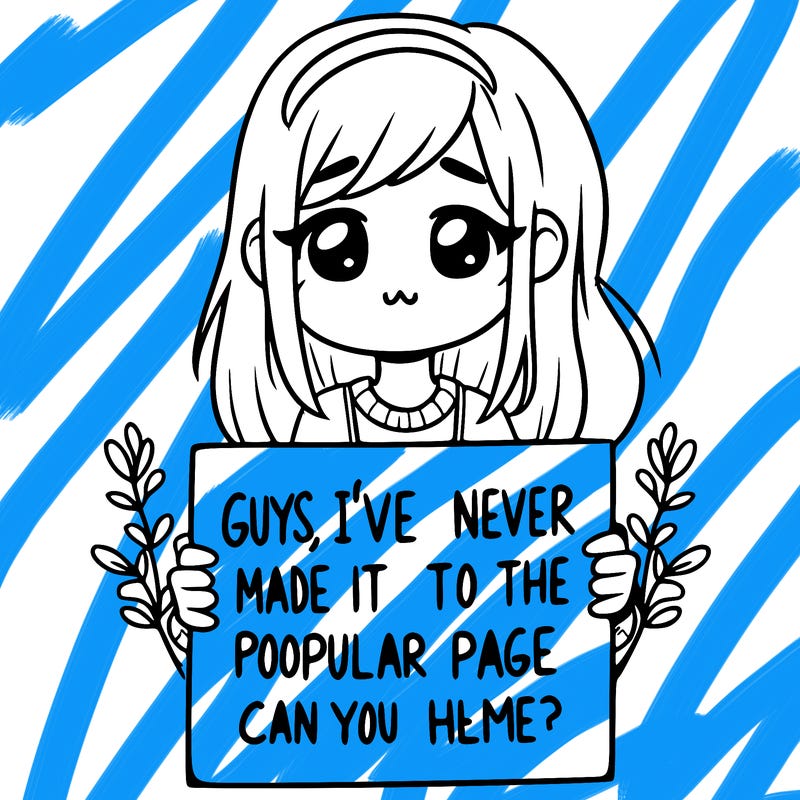 a girl holding up a sign that says, guys, i’ve never made it to the popular page, can you help me?
