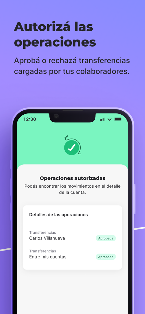ueno bank empresas - Mobile interface of ueno bank empresas app showing a list of approved business transactions and operation details.