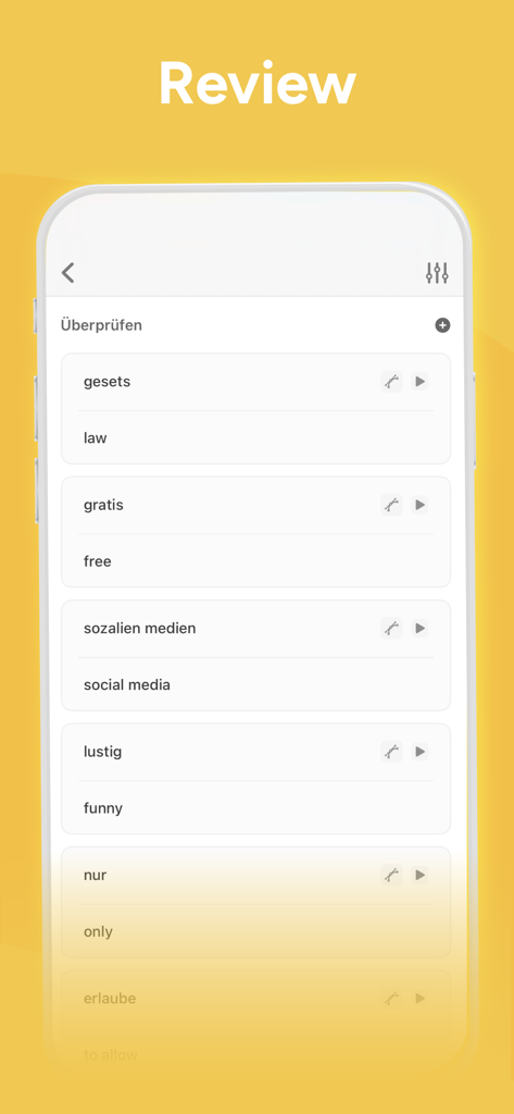 Vocabulary Builder Learn words - Una interfaz de aplicación móvil que muestra una lista de tarjetas en alemán e inglés para repasar vocabulario.
