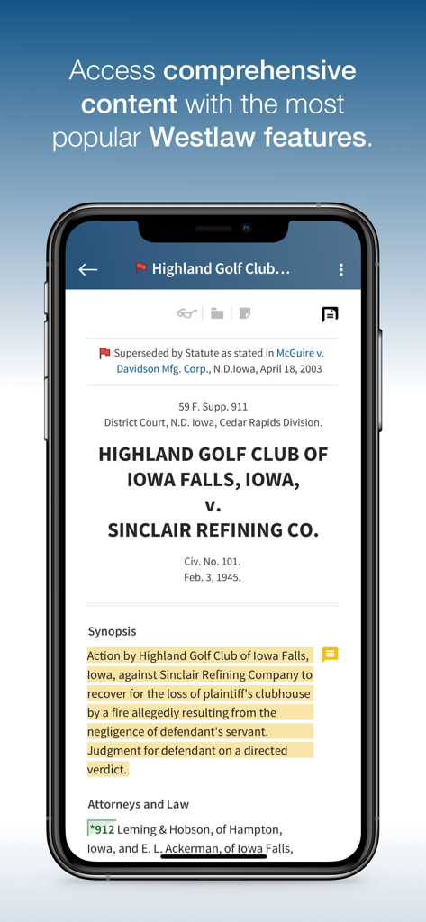 Interfaz de la aplicación móvil Westlaw que muestra un caso legal con estado de KeyCite y texto resaltado