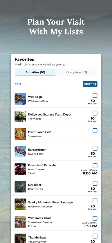 Mobile app screen showing a list of Dollywood attractions with real-time wait times