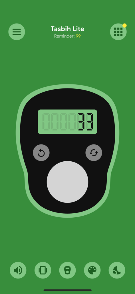 Digital Tasbih counter screen showing a count of thirty three with a large button for prayer counting.