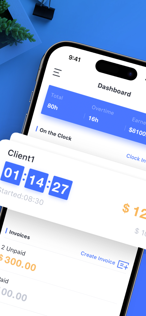 Dashboard of Hours Keeper app showing total hours worked earnings and invoice status