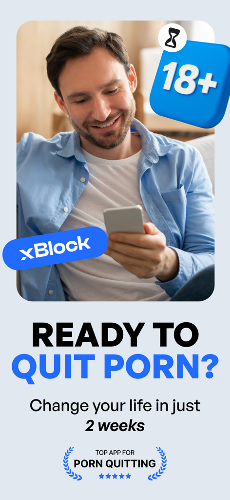 xBlock - Porn Blocker | No Nut - Mann benutzt ein Smartphone mit xBlock-Logo und Textaufforderung: Bereit, mit dem Pornokonsum aufzuhören?