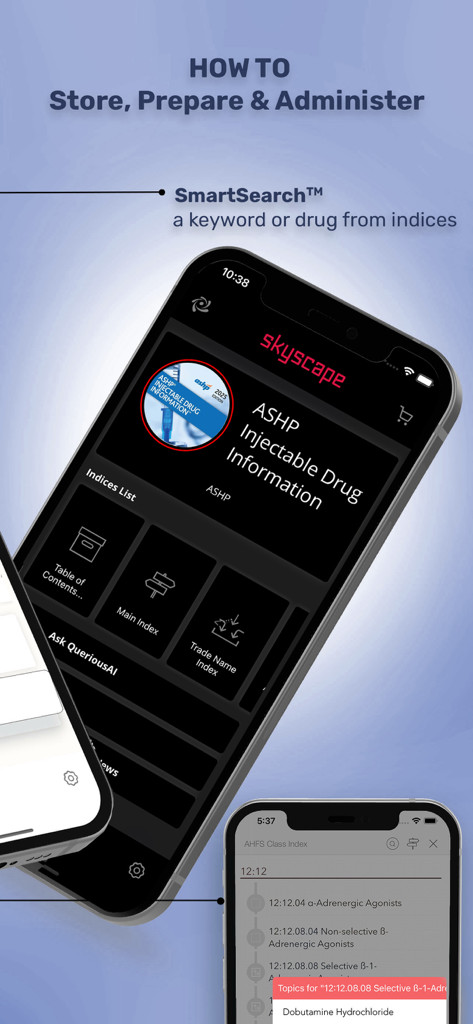 Handbook on Injectable Drugs - Interface of the Handbook on Injectable Drugs app highlighting the SmartSearch feature and clinical drug indices.