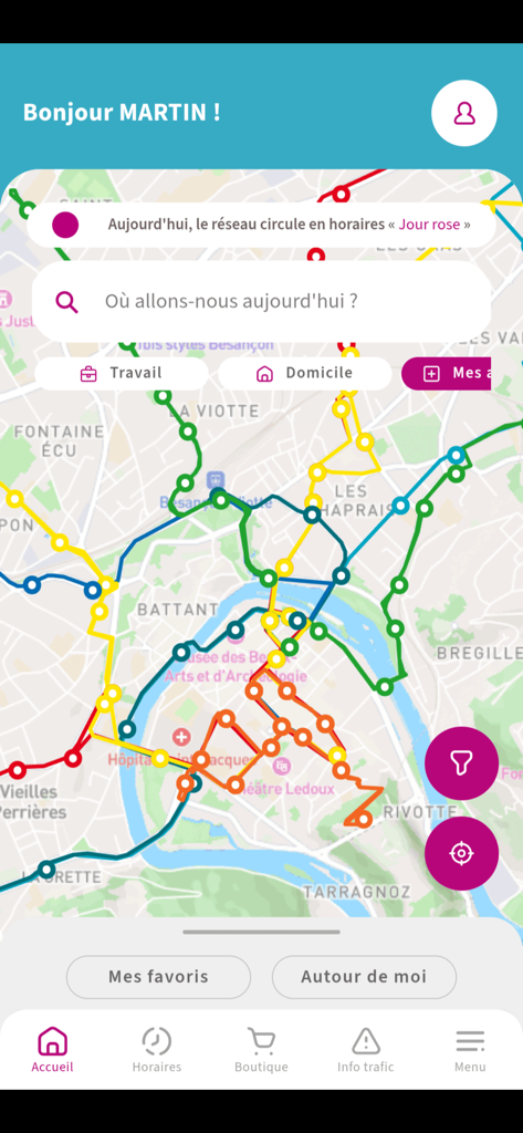 Ginko Mobilités - Écran d'accueil de l'application Ginko Mobilites montrant une carte de transport interactive et un menu de navigation