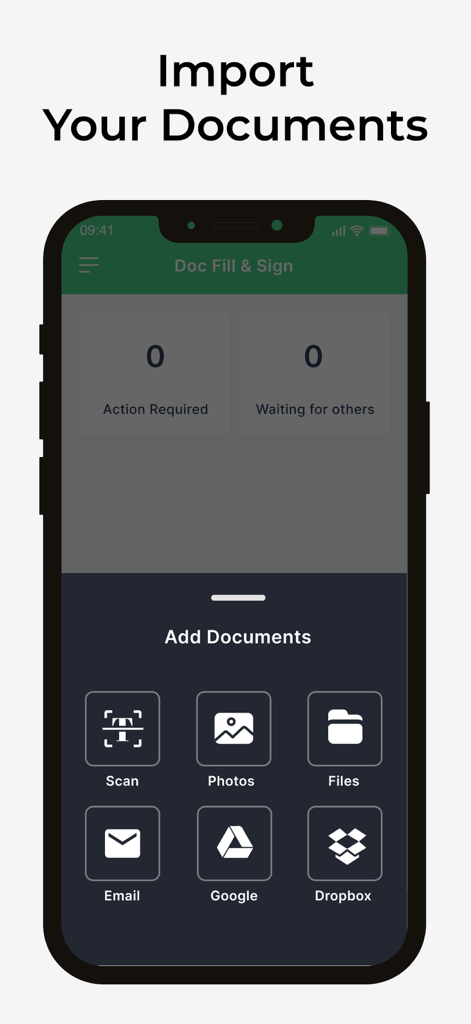 Signature Maker - SignHub - Interface of the SignHub app showing options to add documents from scan, photos, files, and cloud services like Google Drive and Dropbox.