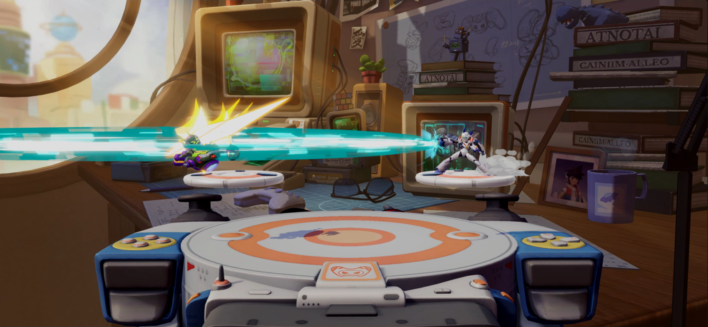 Flash Party - レトロゲーム風アリーナで、特殊技を繰り出しながら浮遊するプラットフォームで戦う2人のキャラクター