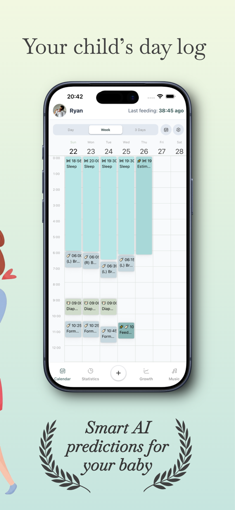 Baby Daily Care: AI Tracker - A smartphone showing a baby daily care log with a weekly timeline of sleep cycles, feeding times, and diaper changes supported by AI predictions.