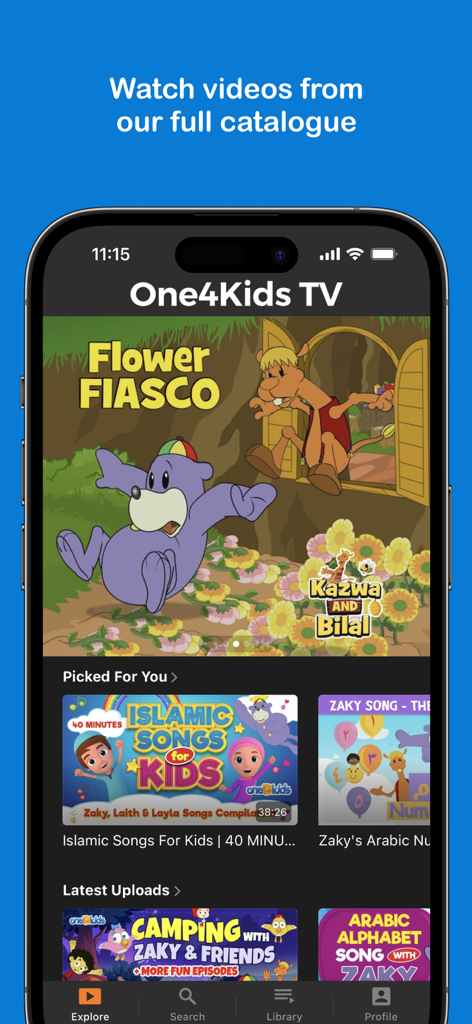 The One4Kids TV app interface showing various Islamic cartoons and educational songs for children
