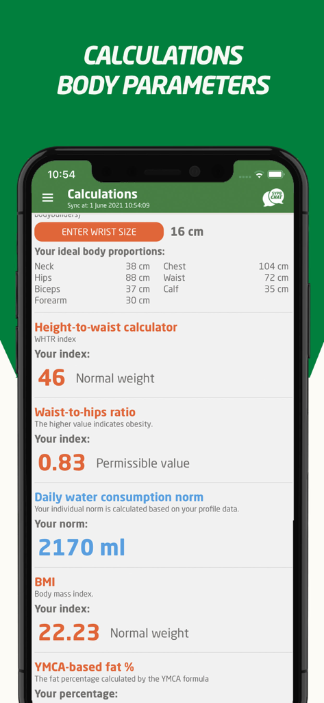Calorie Counter - SYPB 30 - Interfaz de la aplicación de salud y fitness que muestra cálculos de parámetros corporales que incluyen IMC e ingesta de agua