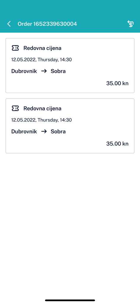 Écran de commande de l'application TP Line affichant deux billets de ferry de Dubrovnik à Sobra