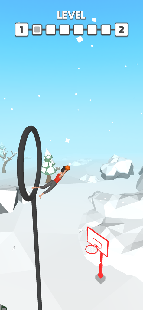 Flip Dunk - Un personnage effectuant une pirouette avec un ballon de basket dans un niveau enneigé