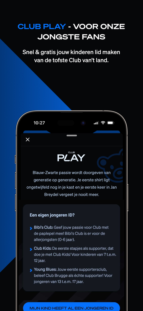 Club Brugge - Tela do aplicativo do Club Brugge exibindo opções de associação para jovens como Bibis Club, Club Kids e Young Blues