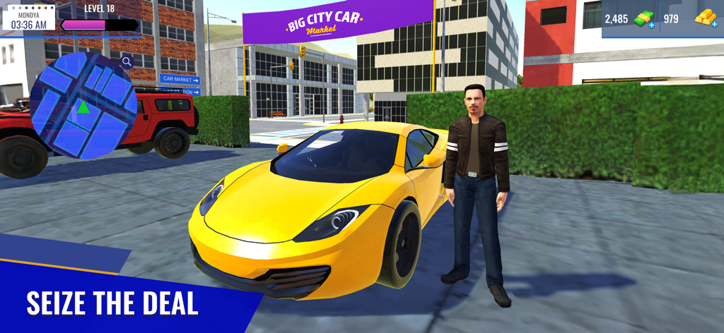 Car Sales Simulator 25 - Un hombre de pie junto a un coche deportivo amarillo en el Mercado de Coches de Gran Ciudad