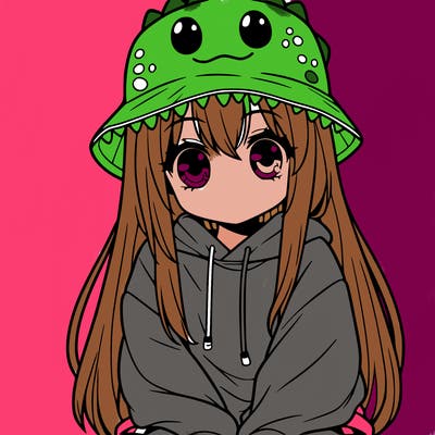 girl with anime shaped eyes with a dinosaur bucket hat oversized sweatshirt long straight hair