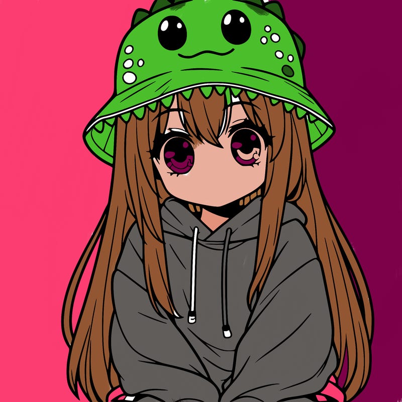 girl with anime shaped eyes with a dinosaur bucket hat oversized sweatshirt long straight hair