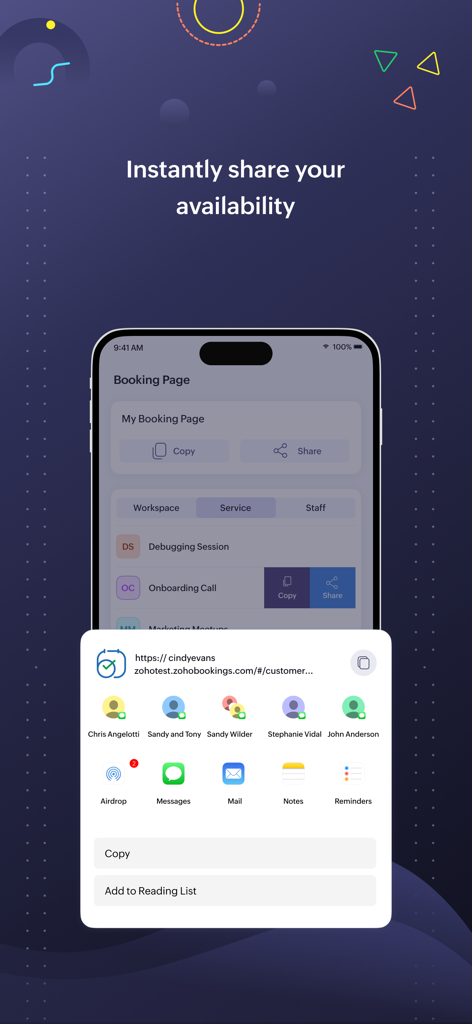 Zoho Bookings - Zoho Bookings mobile interface showing the feature to instantly share a professional booking link via various messaging and email apps.