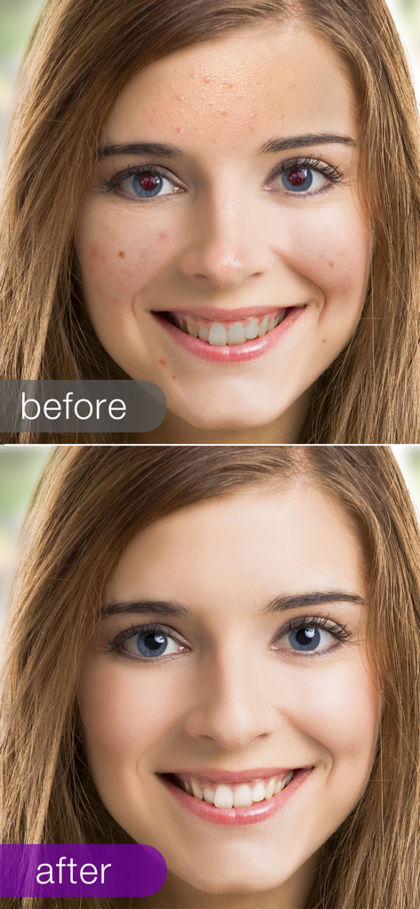 Before and after portrait showing automatic skin smoothing and red eye removal