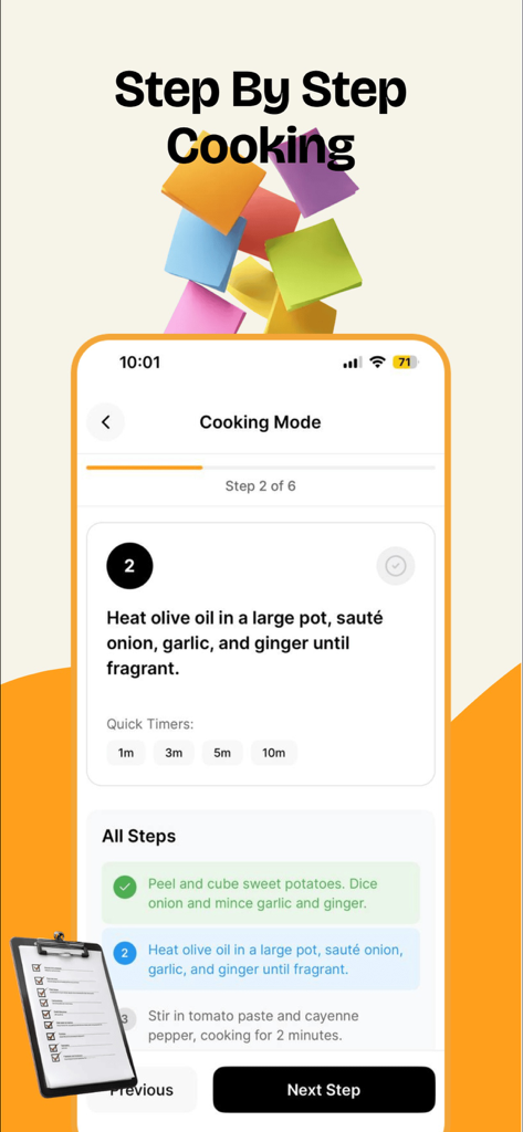 PocketChef - Meal Planner - Modo de cocina paso a paso en la aplicación PocketChef que muestra las instrucciones de la receta y temporizadores rápidos.