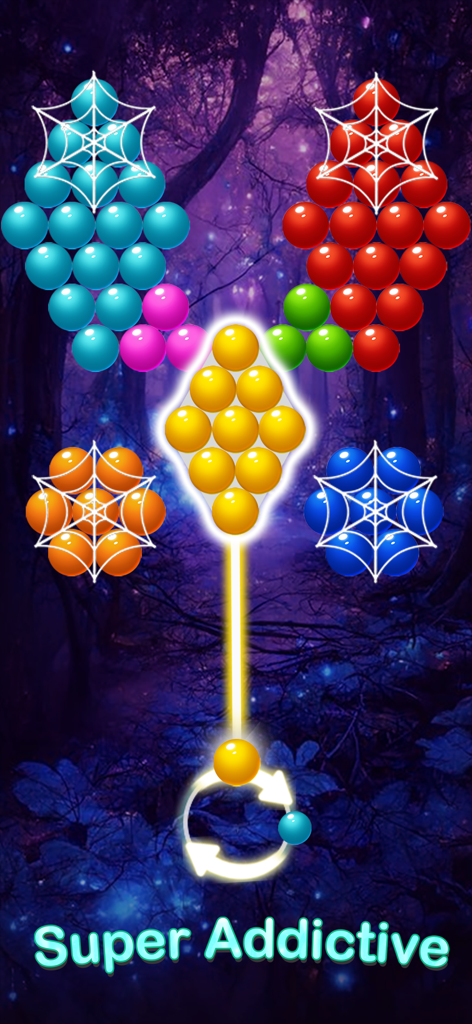 Bubble Pop Fairyland Gameplay mit farbenfrohen Blasen und einer Ziel-Linie in einem magischen Wald