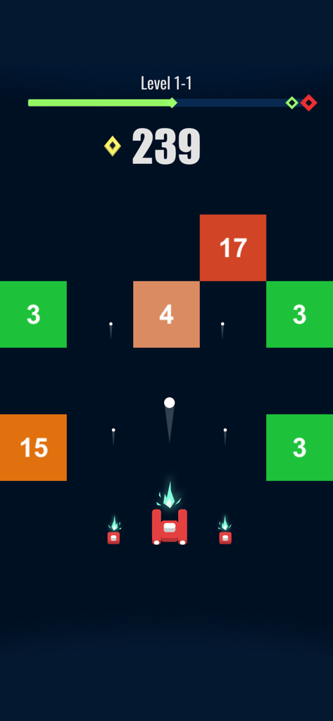 Gameplay de Fire Hero 2D montrant un vaisseau spatial tirant sur des blocs numérotés
