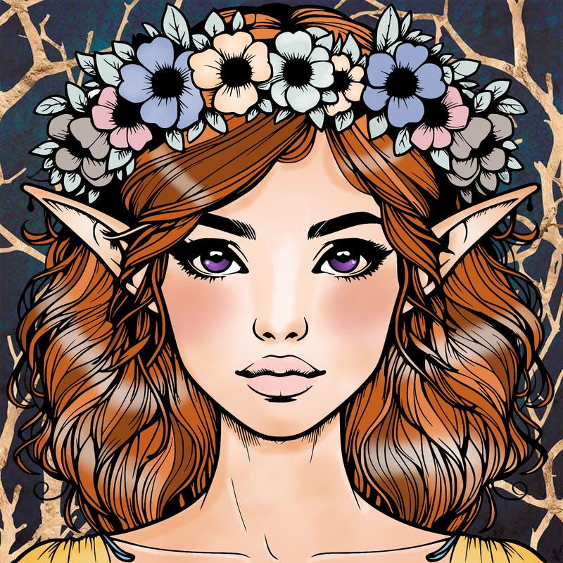 realistic female elf with flower crown