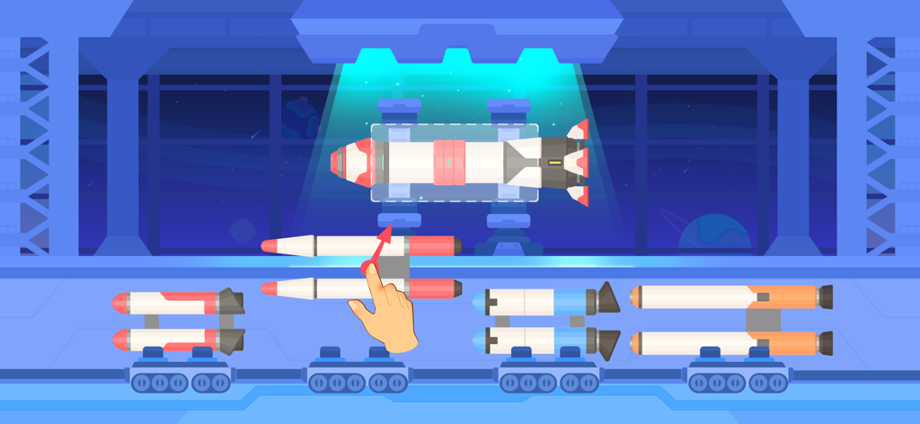 A child assembling a customized space rocket in a futuristic hangar from the Dinosaur Rocket educational game.