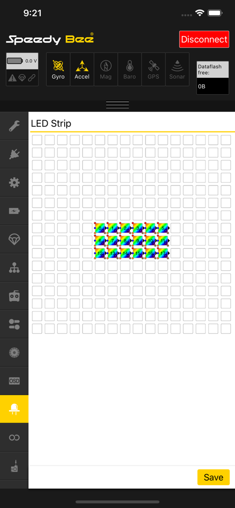 SpeedyBee app LED strip configuration interface for drone customization