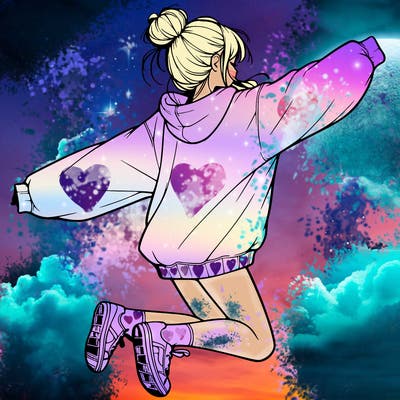 realistic girl jumping with a bun and oversized sweatshirt