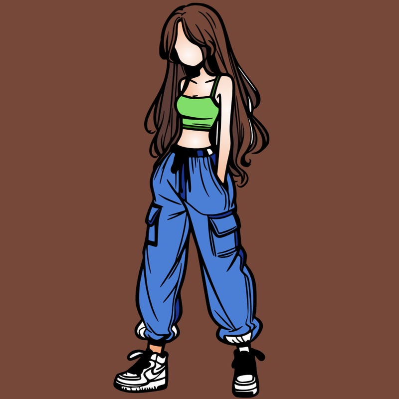 girl in baggy pants crop top and long hair