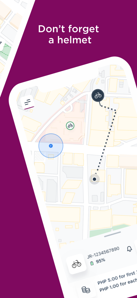 Moovr PH app interface showing a city map with bike locations and a planned route